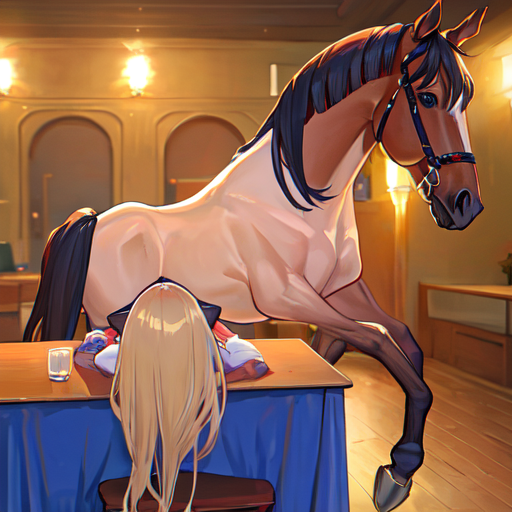 部屋の中で飼われている大きな馬の絵