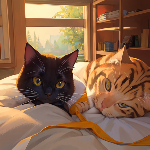 ネコ2匹が布団で寝ているかわいい動物絵