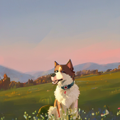 草原に一匹いる犬の絵