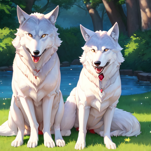 二匹の白いオオカミの2次元フリーイラスト